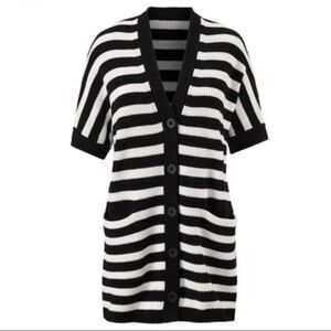 Cabi Womens Sz S Black White French Striped Long Tunic Sweater Cardigan V Neck